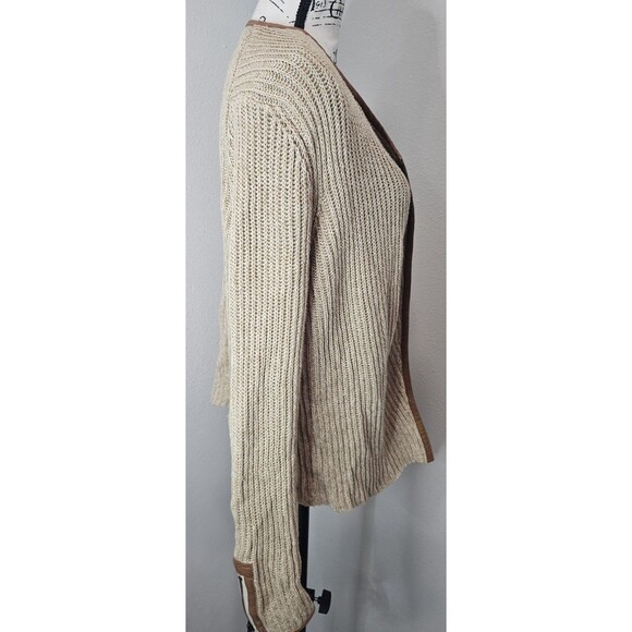Lucky Brand Cardigan Sz L Tan Brown Chunky Knit Open Sweater Faux Leather Trim - Picture 7 of 13